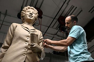 Benjamin Victor works on his sculpture of Daisy Gatson Bates at the Windgate Center of Art and Design on the campus of the University of Arkansas at Little Rock in this April 25, 2022 file photo. The statue is scheduled to be unveiled at Statuary Hall in the U.S. Capitol in Washington on Wednesday, May 8, 2024. (Arkansas Democrat-Gazette/Stephen Swofford)
